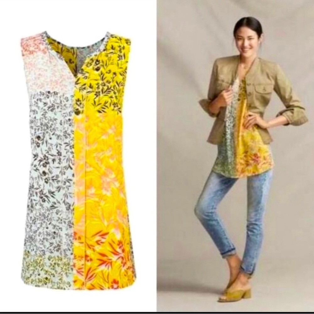 CAbi Women's Golden Glow Split Blouse Size M Sleeveless Floral V Neck Style 5547